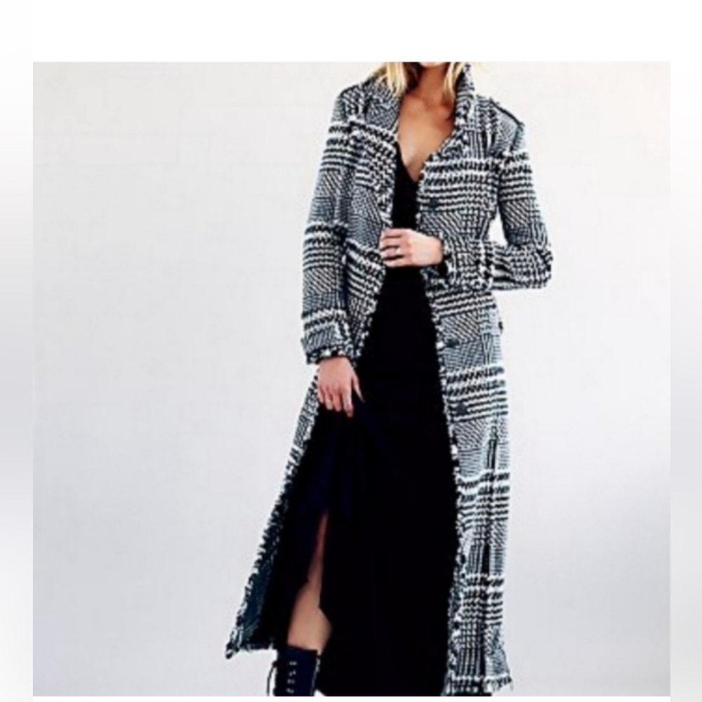 Free People Black and White Houndstooth Wool-Blend Raw Edge Long Coat - Picture 1 of 16